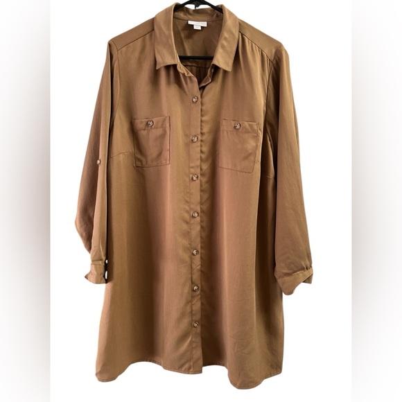 J Jill brown tunic roll tab long sleeve button down blouse - Picture 1 of 6